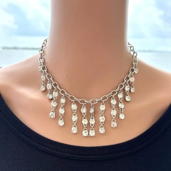 Cookie Lee Necklace Cascading Crystal Fringe Silver Tone Adjustable Length - Picture 2 of 5